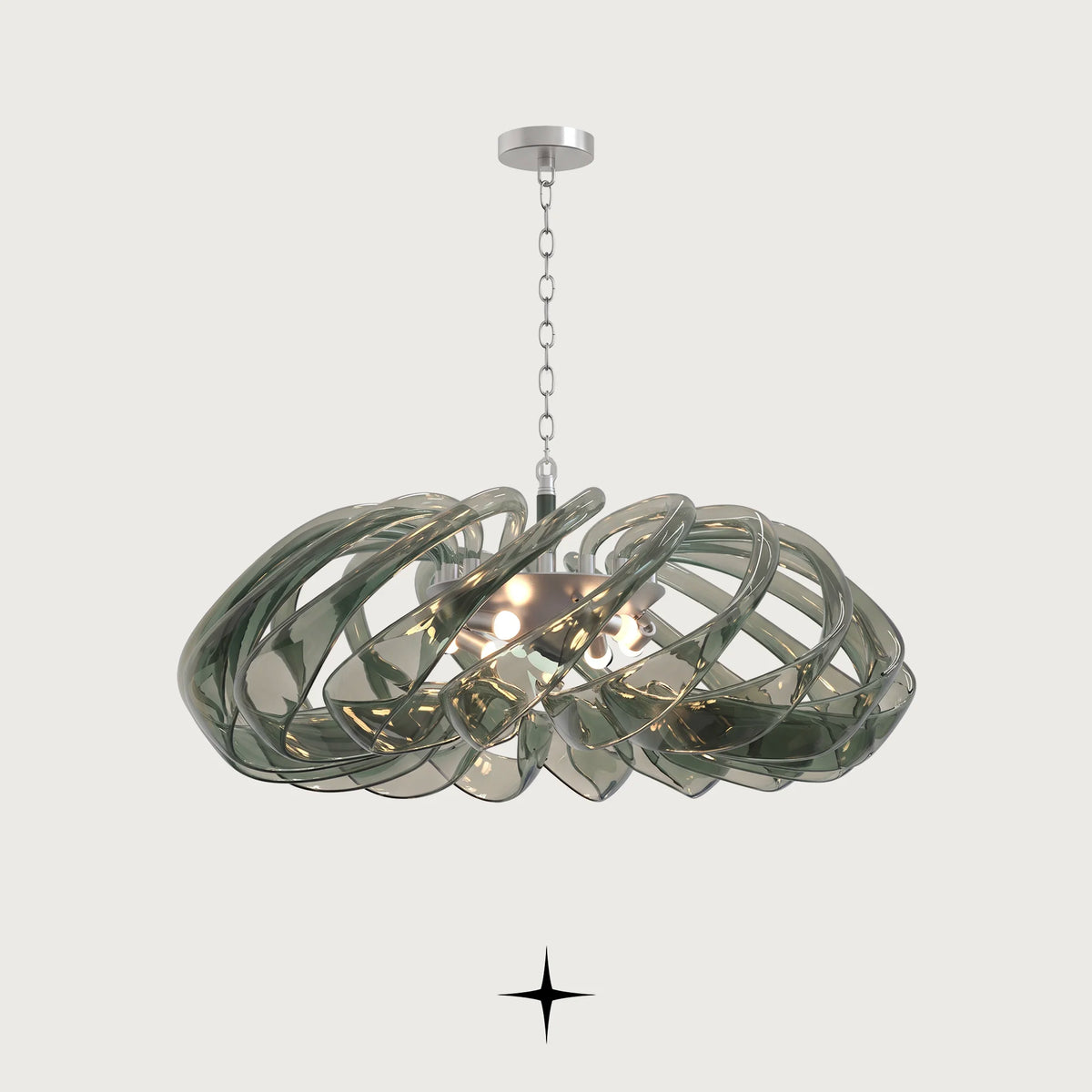 Lavish Lucy Chandelier featuring chic curved crystal elements in smoke green and cream hues