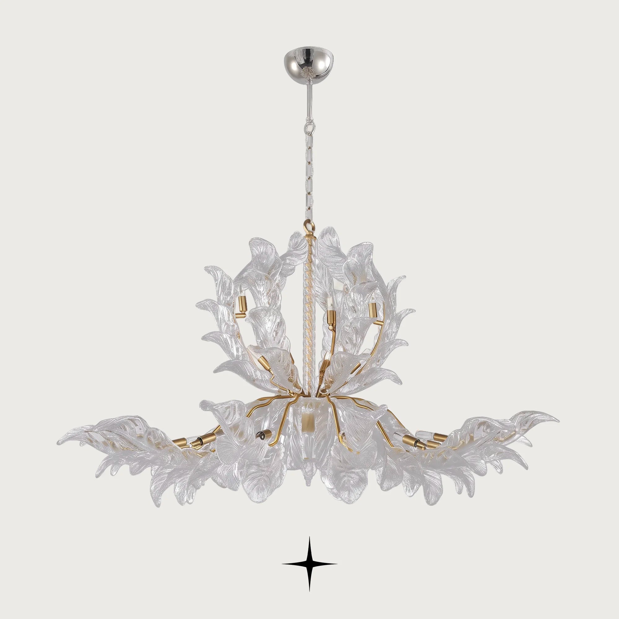 Lavish Madam Murano style glass leaf chandelier with gold frame on grey background off