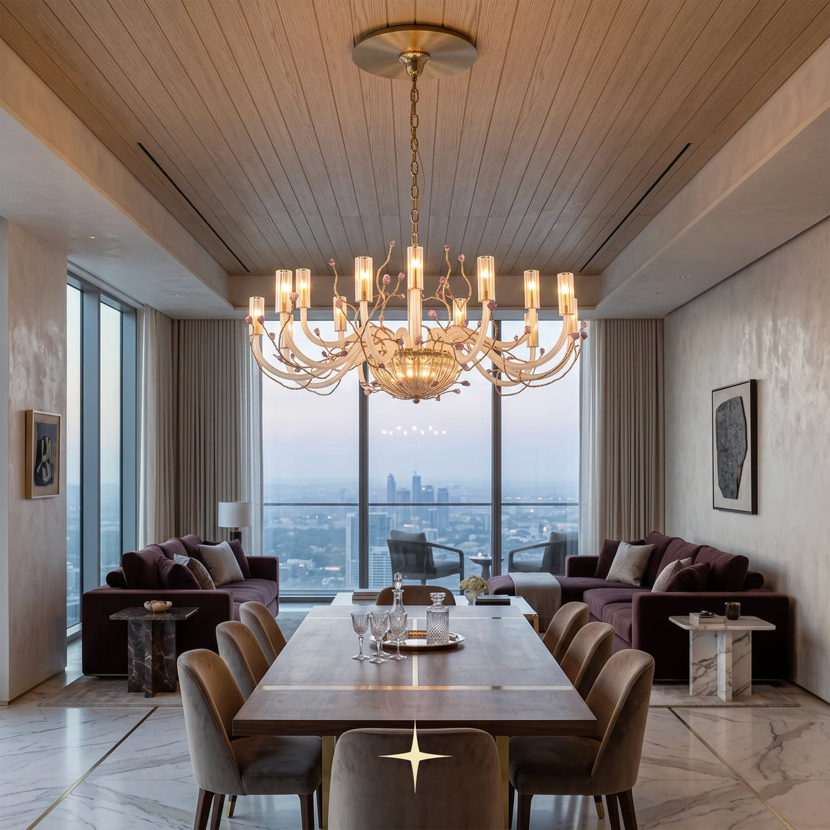Lavish Madison chandelier suspended over a formal dining table in a luxury interior