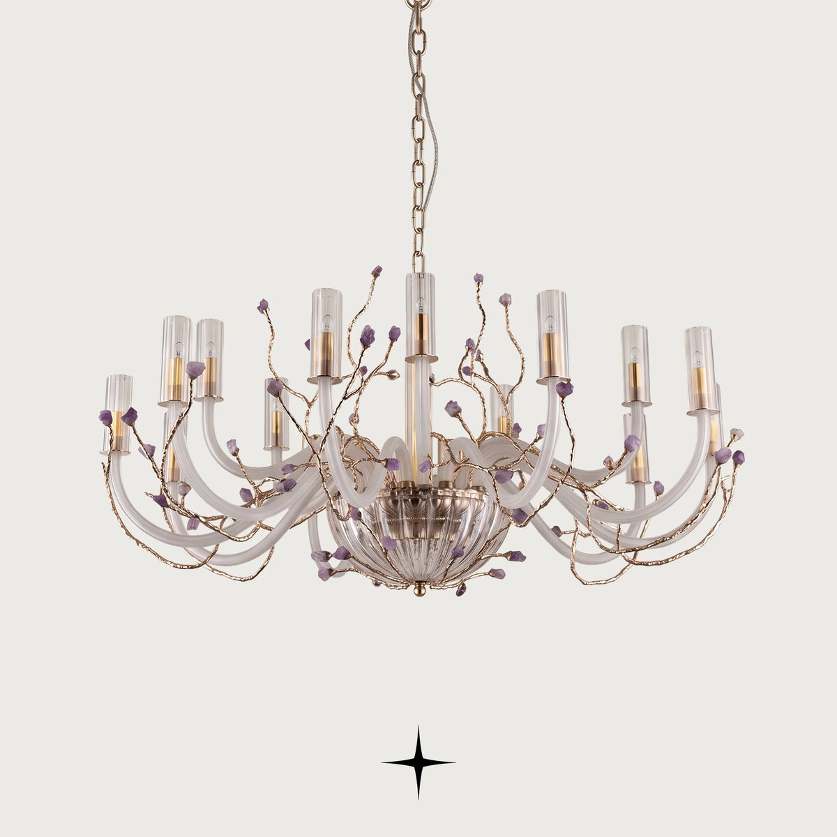 Lavish Madison Murano-style crystal chandelier with brass branches and natural purple rock accents