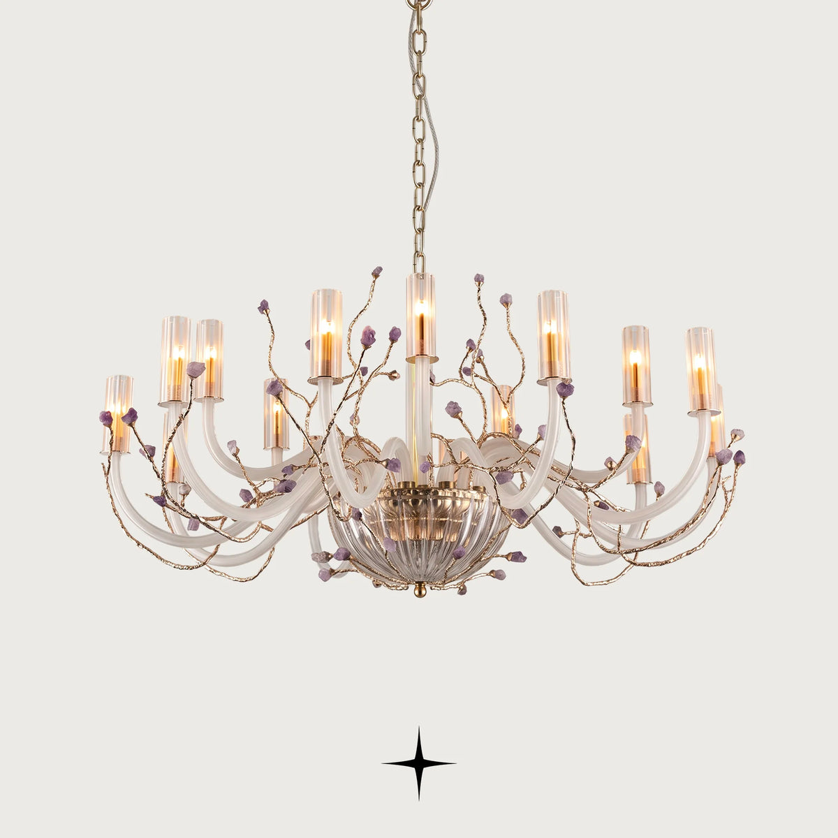 Lavish Madison Murano-style crystal chandelier with brass branches and natural purple rock accents