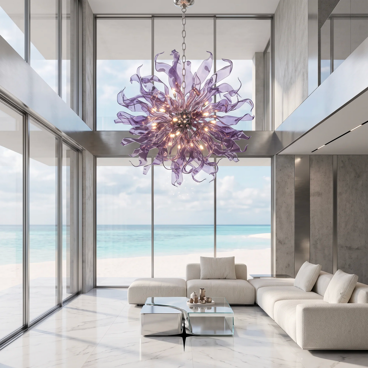 Lavish Magnificia Chandelier featuring 58 arms with 25 G9 LEDs in a grand spherical design available in four stunning sizes with a flower-like, ruffled silhouette hangs in a modern high-rise living room with floor-to-ceiling windows overlooking a beach and ocean.