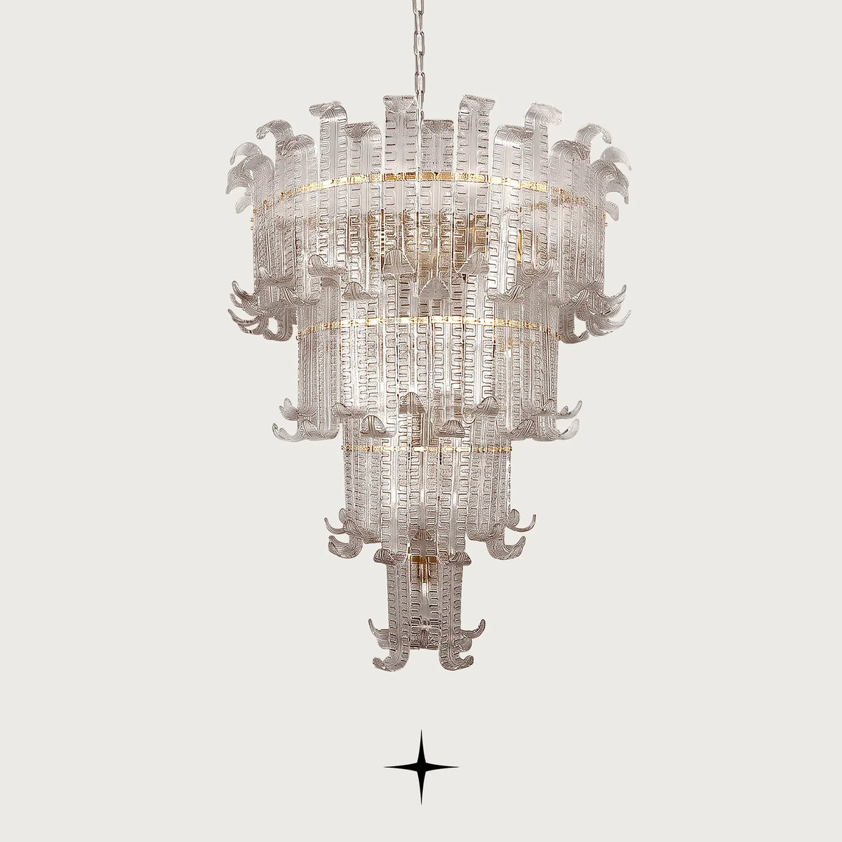 Lavish Montreal Chandelier featuring layered cascades of intricately textured Murano-style crystal glass leaves anchored to a refined golden chassis