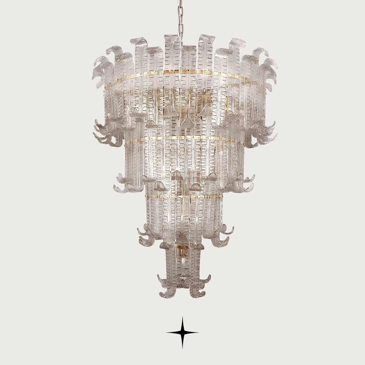 Lavish Montreal tall multi-tiered Murano-style glass leaf crystal chandelier with gold frame