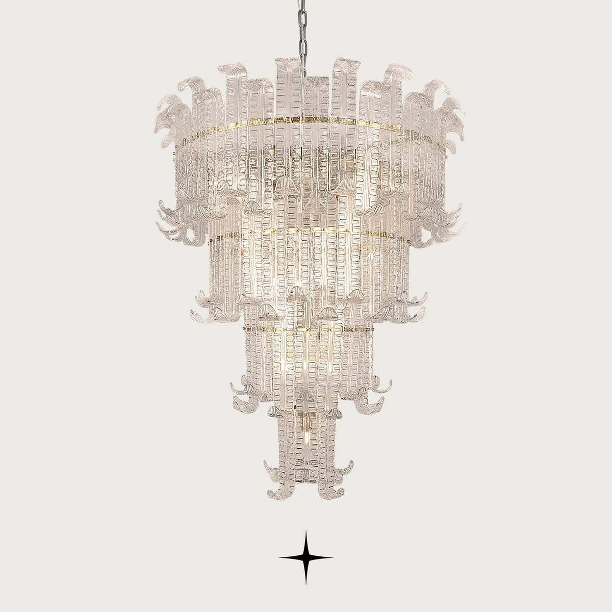 Lavish Montreal tall multi-tiered Murano-style glass leaf crystal chandelier with gold frame