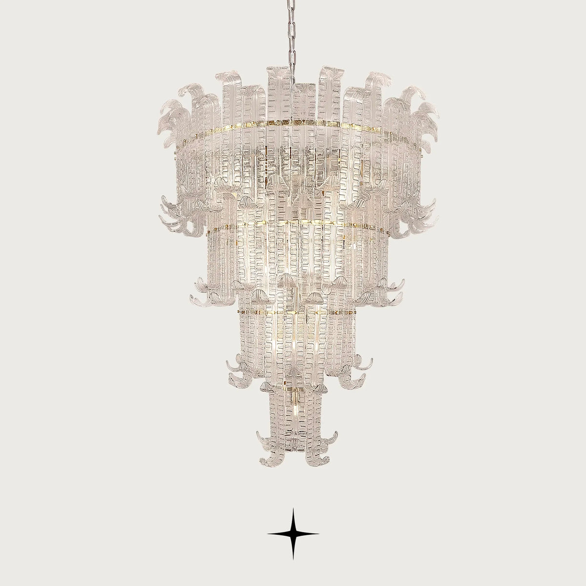 Lavish Montreal Chandelier featuring layered cascades of intricately textured Murano-style crystal glass leaves anchored to a refined golden chassis