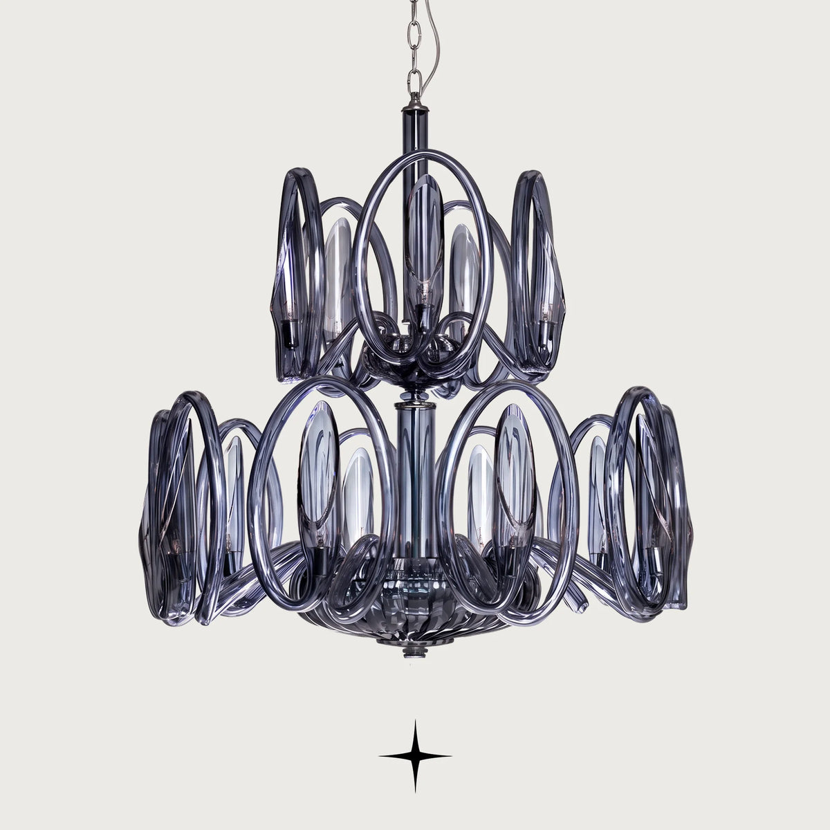 Lavish Oasis Chandelier featuring multi-tiered smoky crystal glass rings and elegant curved arms