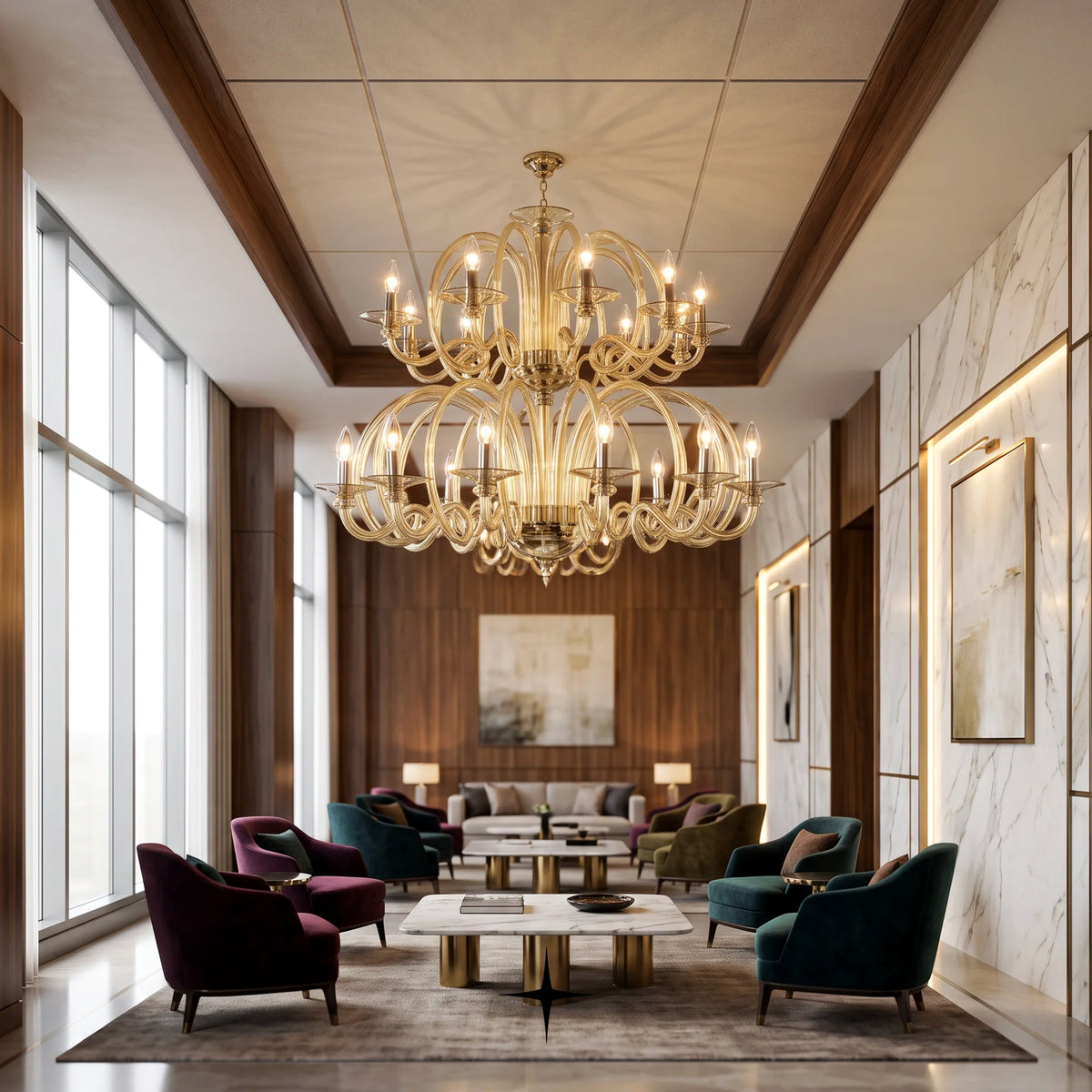 Lavish Sarah Chandelier featuring exquisite elongated crystal arms available in four chandelier sizes.