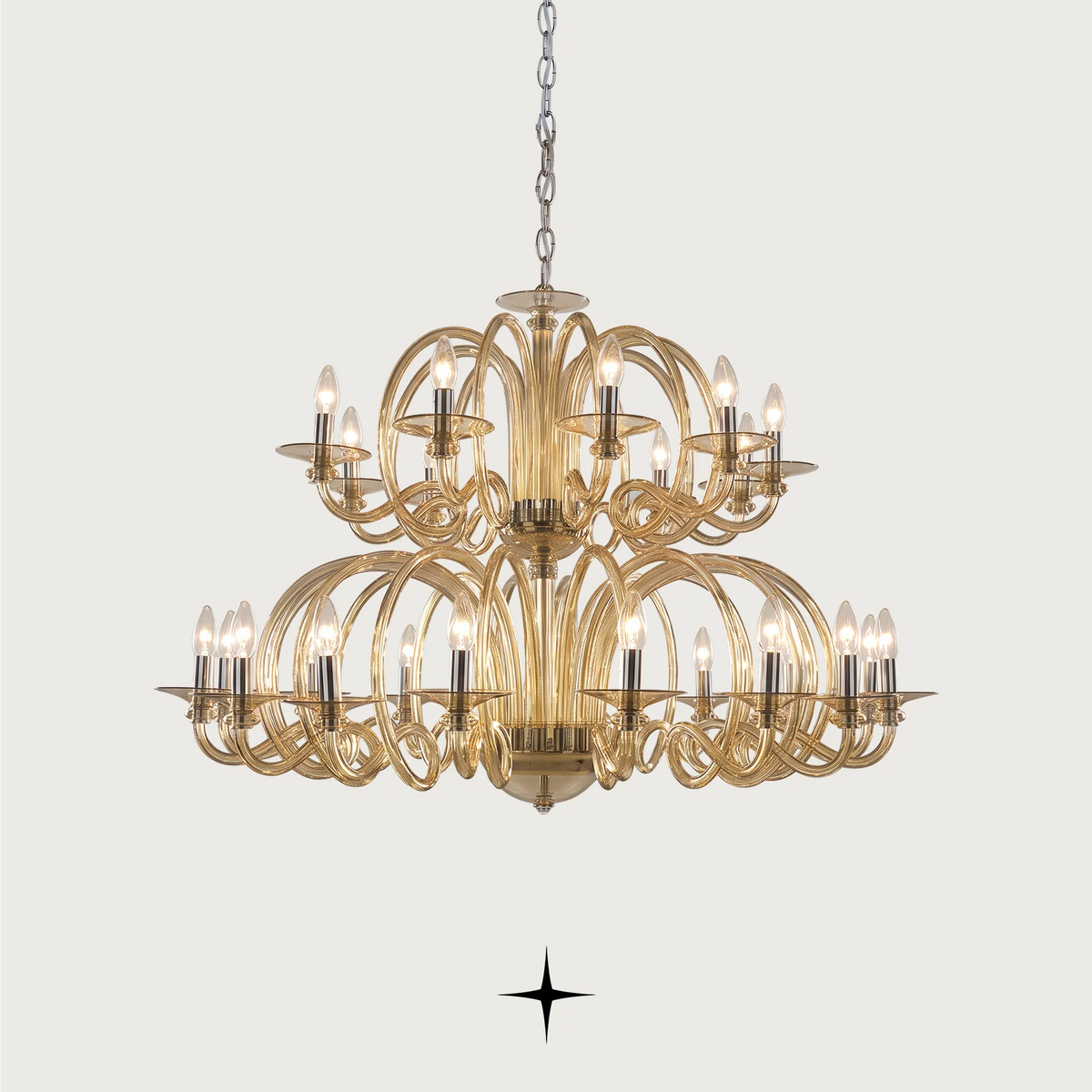 Lavish Sarah Chandelier featuring exquisite elongated crystal arms available in four chandelier sizes.