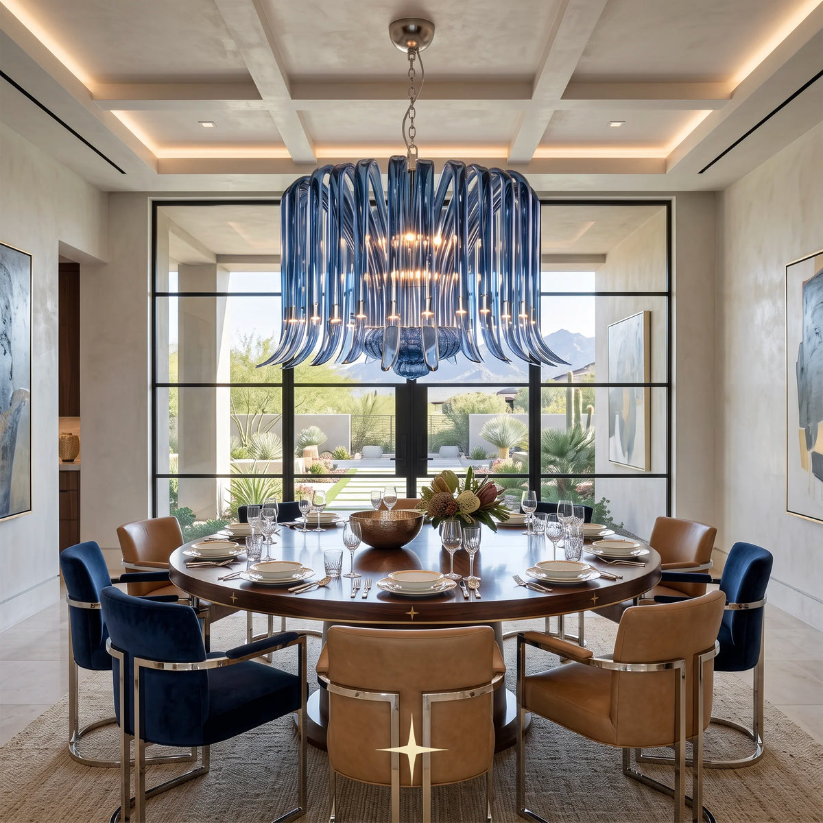 Lavish Shanon Chandelier featuring vibrant blue handcrafted crystal glass wings cascading downwards