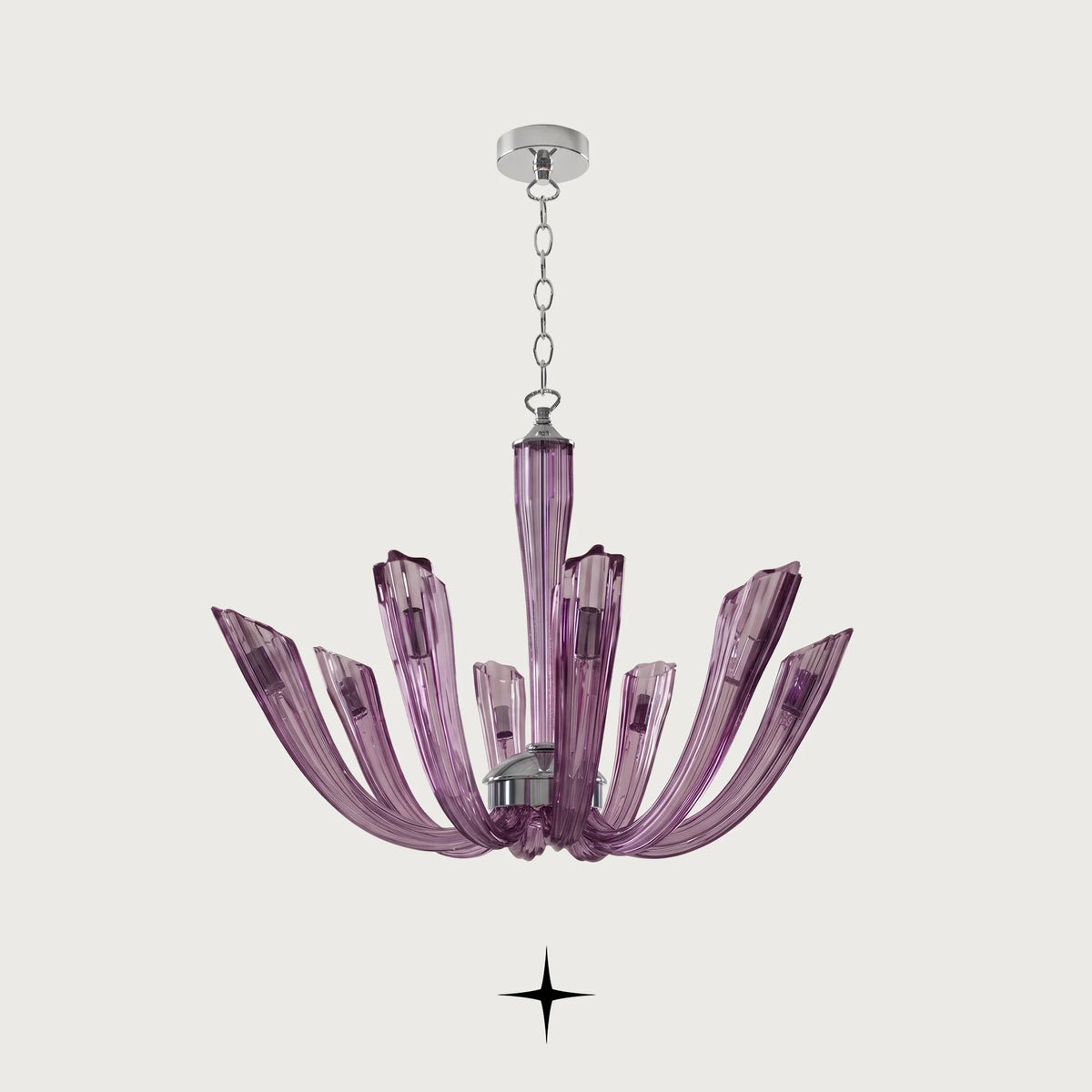 Sienna Chandelier featuring chic elongated crystal arms in a stunning luxury purple finish