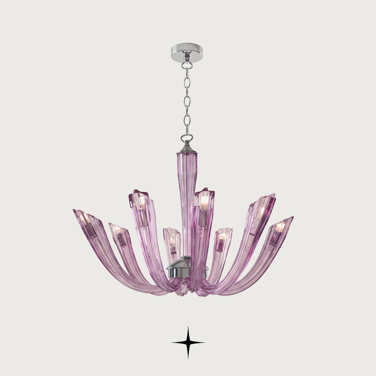 Sienna Chandelier featuring chic elongated crystal arms in a stunning luxury purple finish