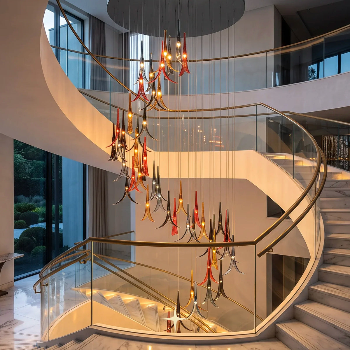 Ceiling mount canopy view and hanging drop-down floral crystal elements of Lavish Solomon chandelier