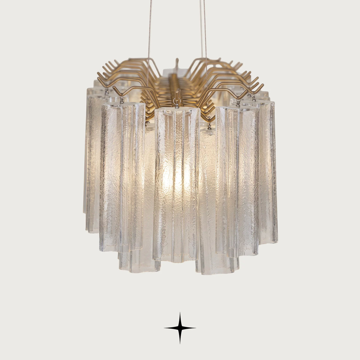 Side view detail of Linear Astra ribbed glass cylinder cluster on brass frame