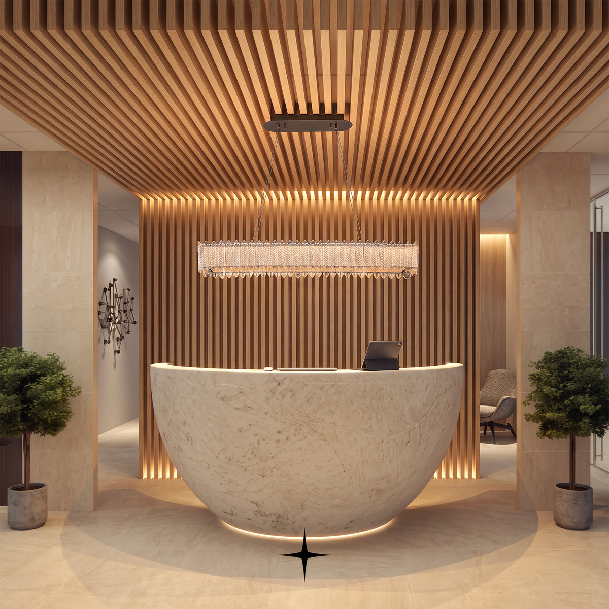 Linear Calgary Murano glass chandelier suspended above a modern freestanding bathtub and slatted wood wall