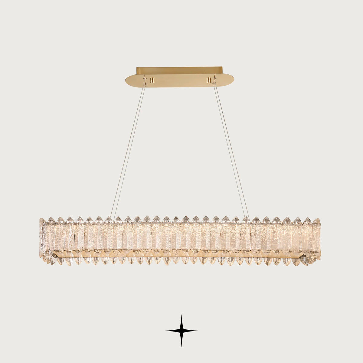 Linear Calgary chandelier with handcrafted Murano glass elements and gold frame on black background