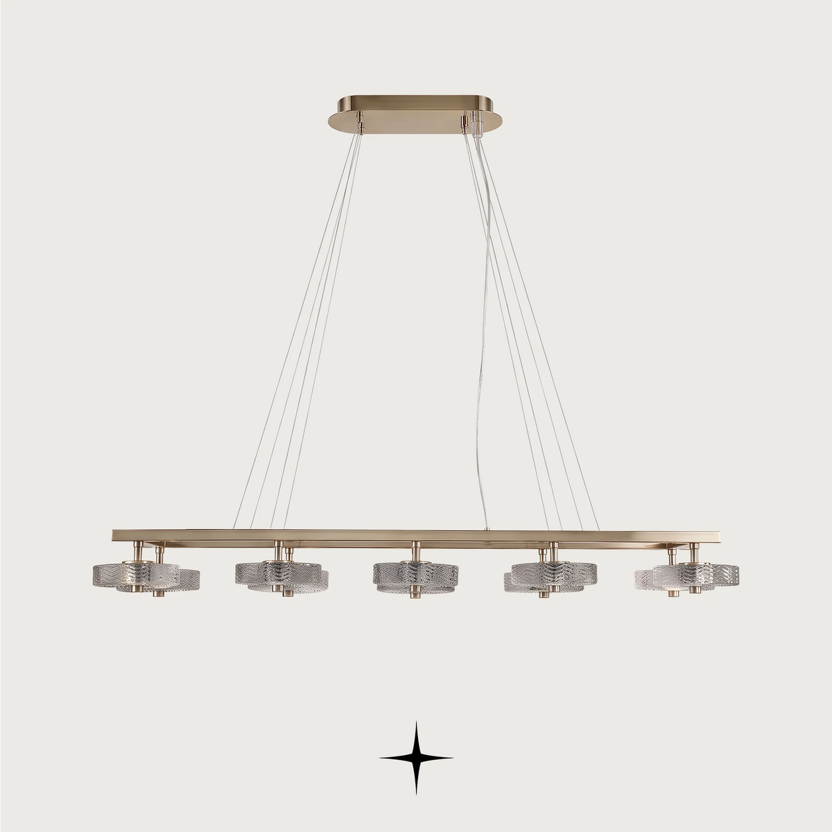 Linear Charlotte modern island chandelier with golden nickel frame and Murano glass discs on dark background