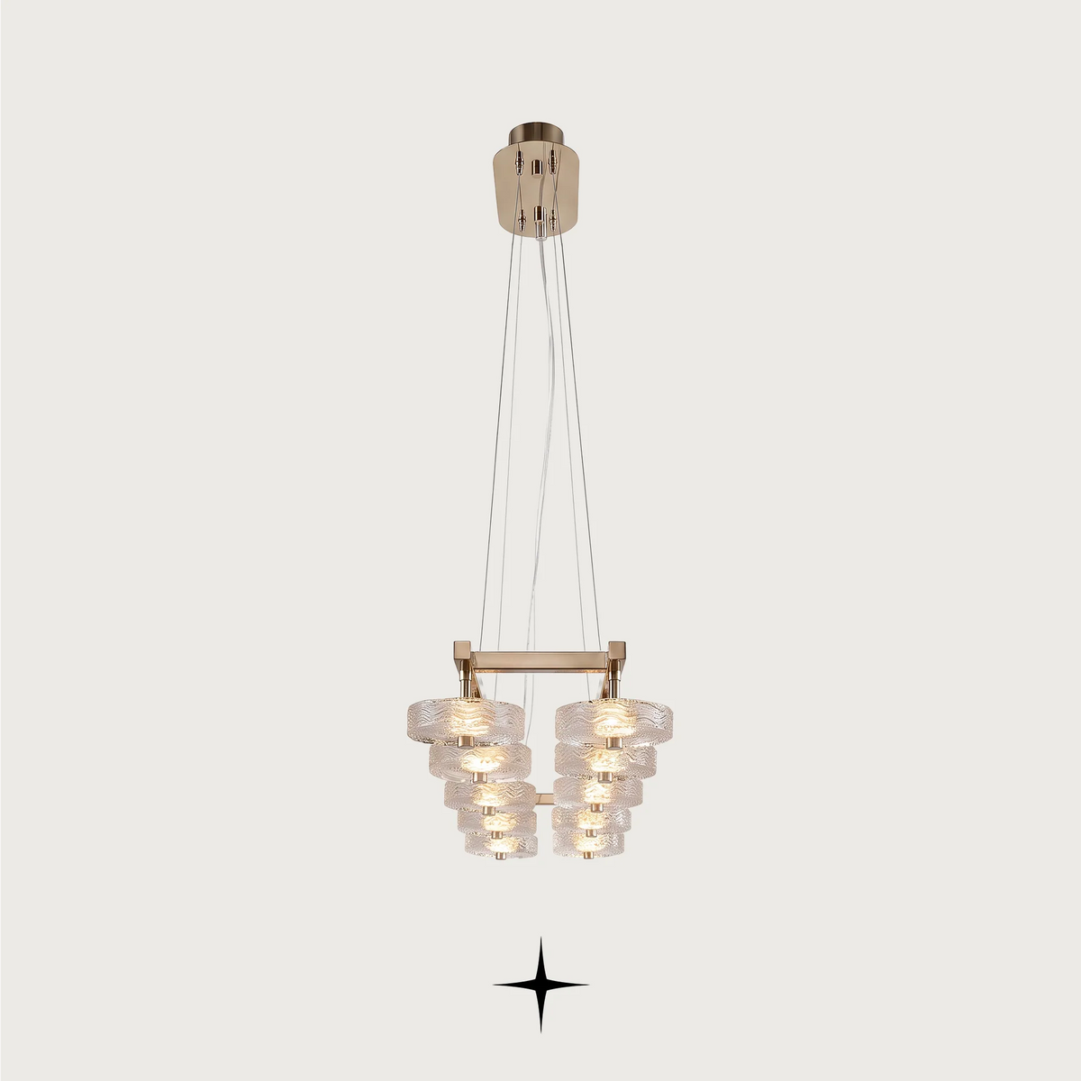 Linear Charlotte modern island chandelier with golden nickel frame and Murano glass discs on dark background