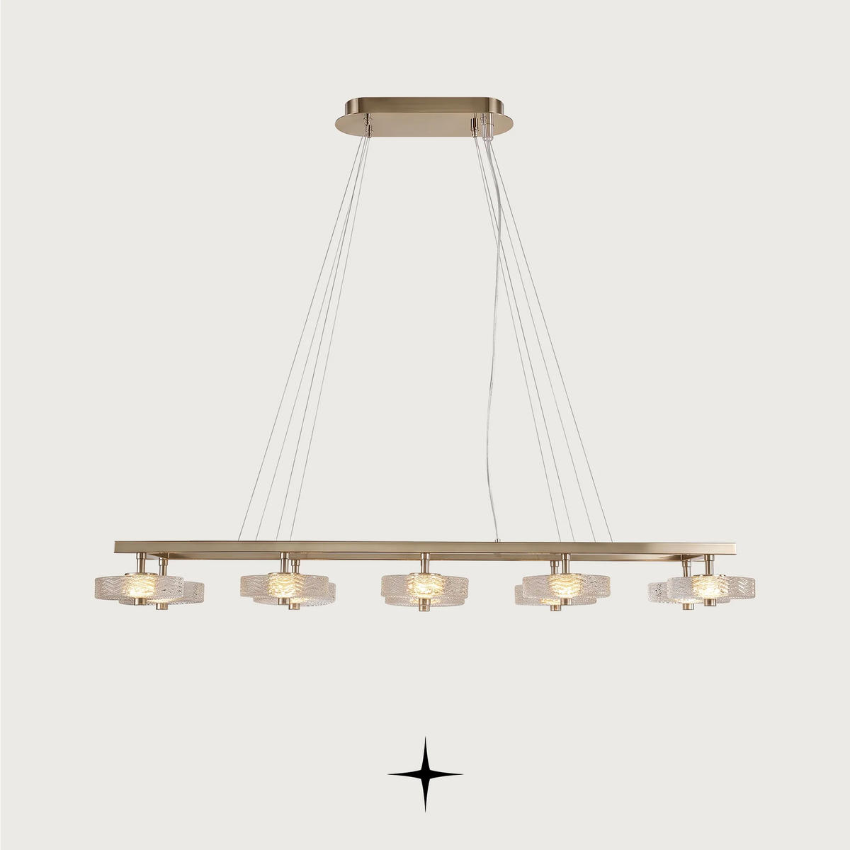Linear Charlotte modern island chandelier with golden nickel frame and Murano glass discs on dark background