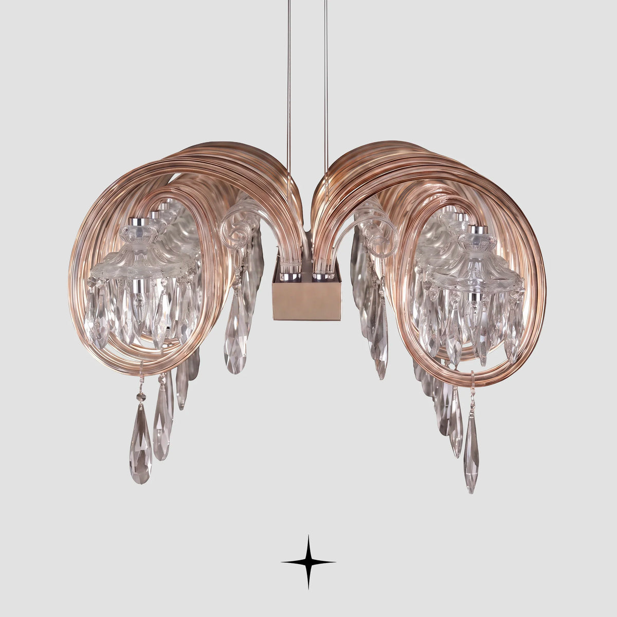 Side view detail of Linear Elegance circular crystal rings and glass globes on light grey background