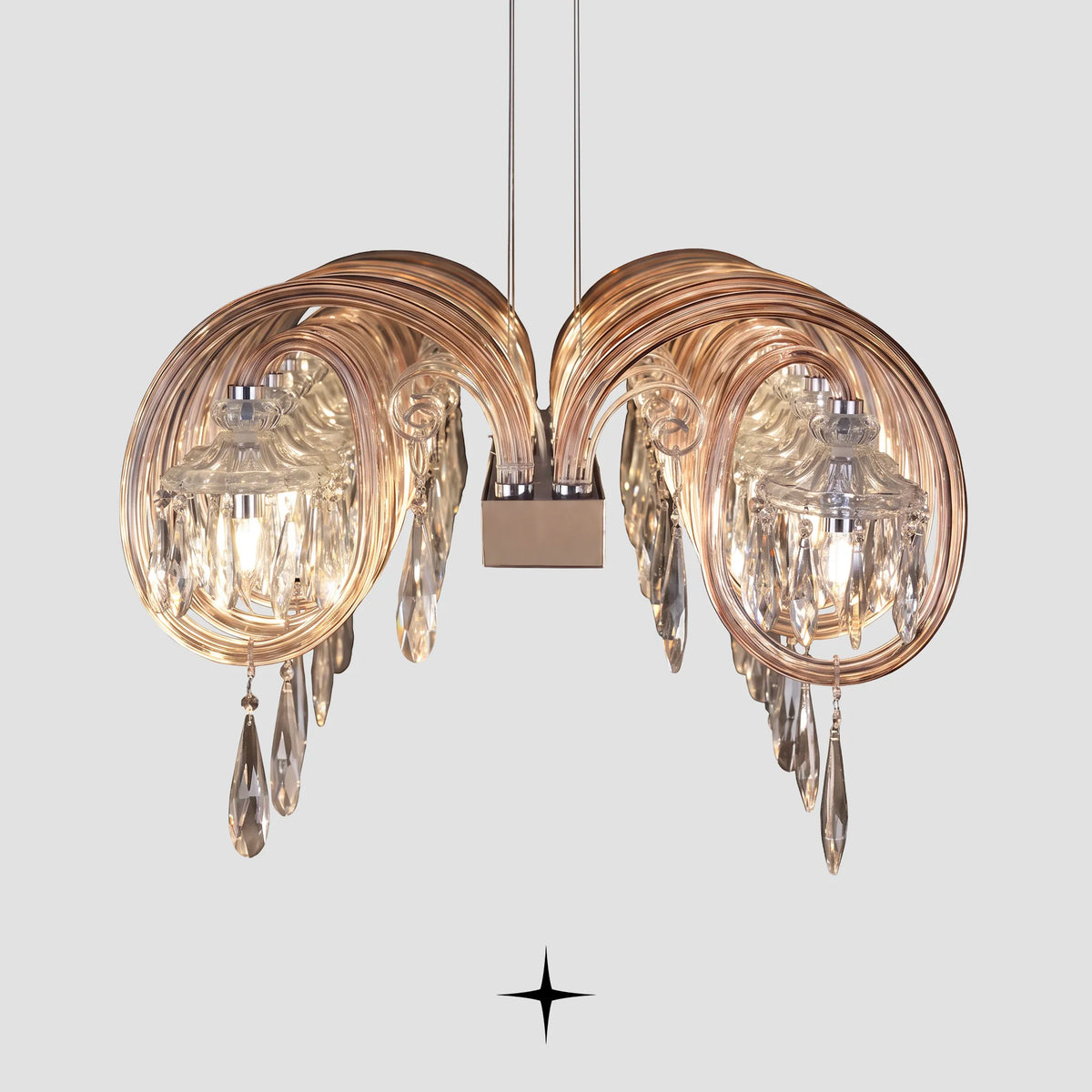 Side view detail of Linear Elegance circular crystal rings and glass globes on light grey background