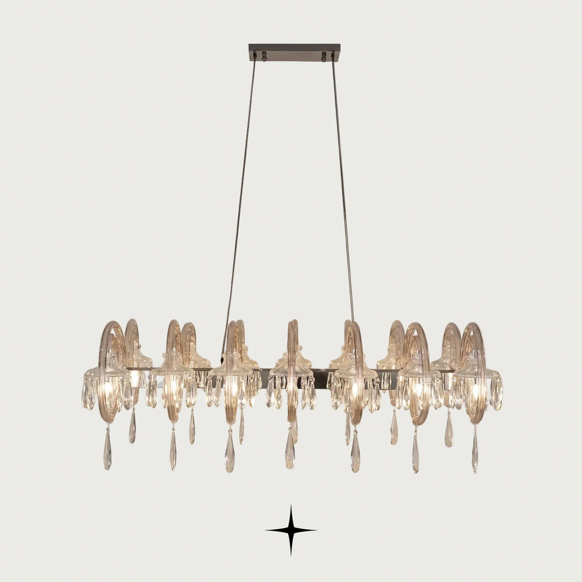 Full front view of Linear Elegance crystal island light fixture on light grey background