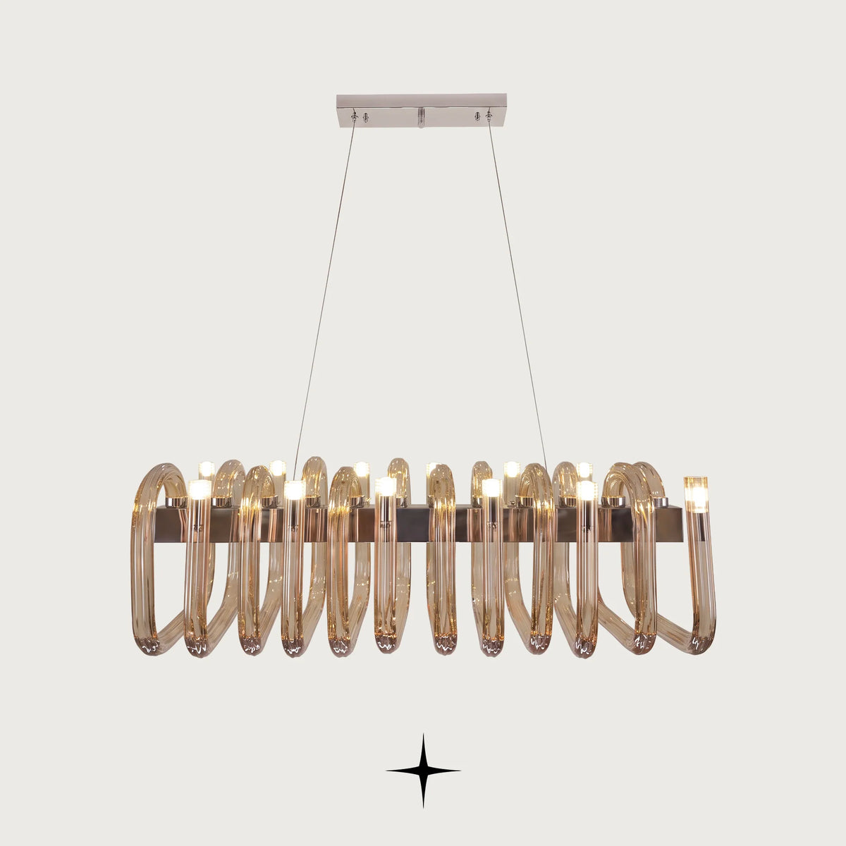 Shop the Linear Fantasia Chandelier featuring Bohemian crystal geometric arms. Elevate your luxury home interior with premium lighting from Ameria Home.