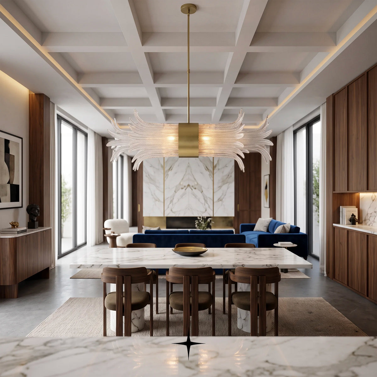 Linear Golden Falls crystal chandelier installed above a dining table in a luxury interior