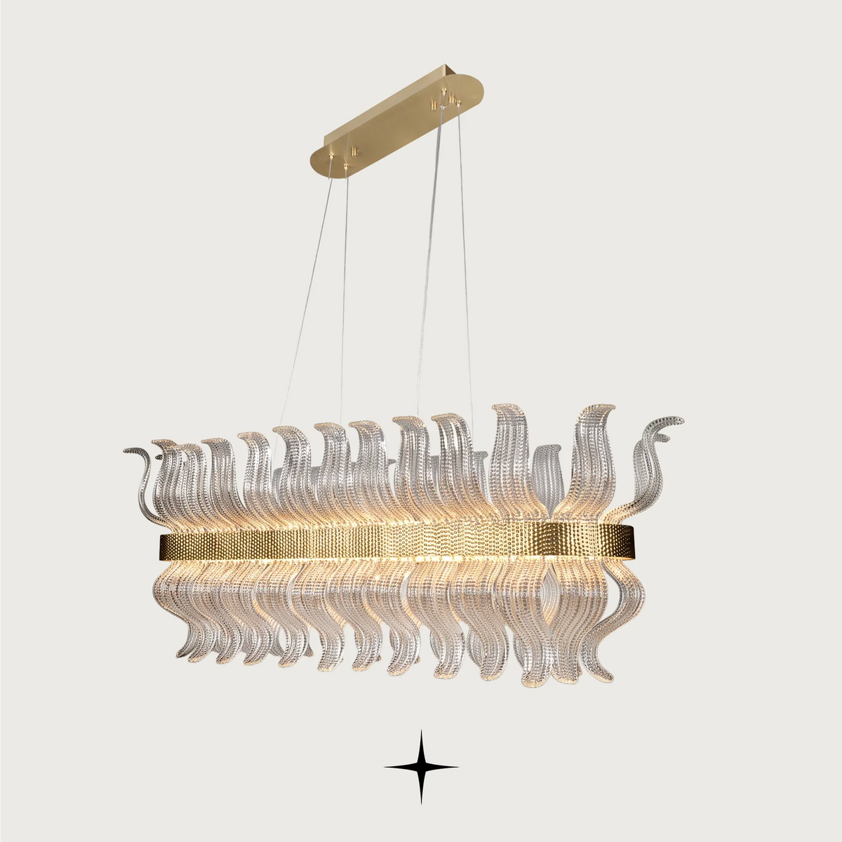 Linear Helena chandelier featuring handcrafted Murano glass leaves and gold frame on black background