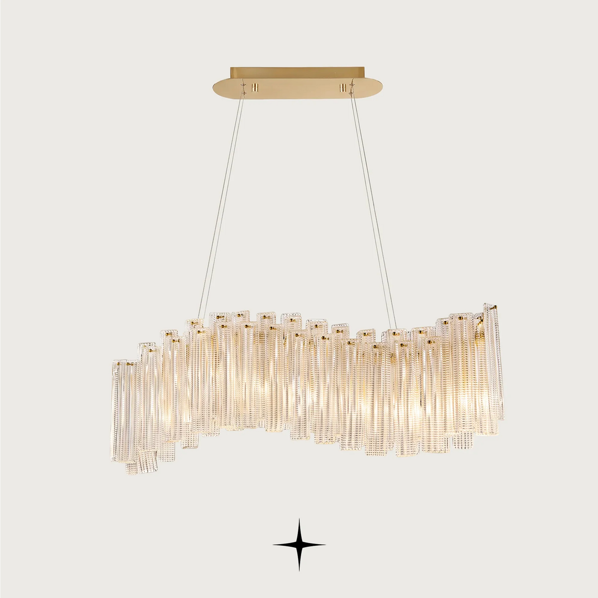 Linear Isabella crystal chandelier with gold frame and layered Murano-style glass bricks