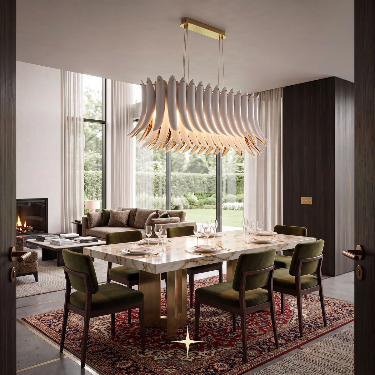 Linear Juliette chandelier featuring handcrafted crystal wings with white exteriors and golden interiors
