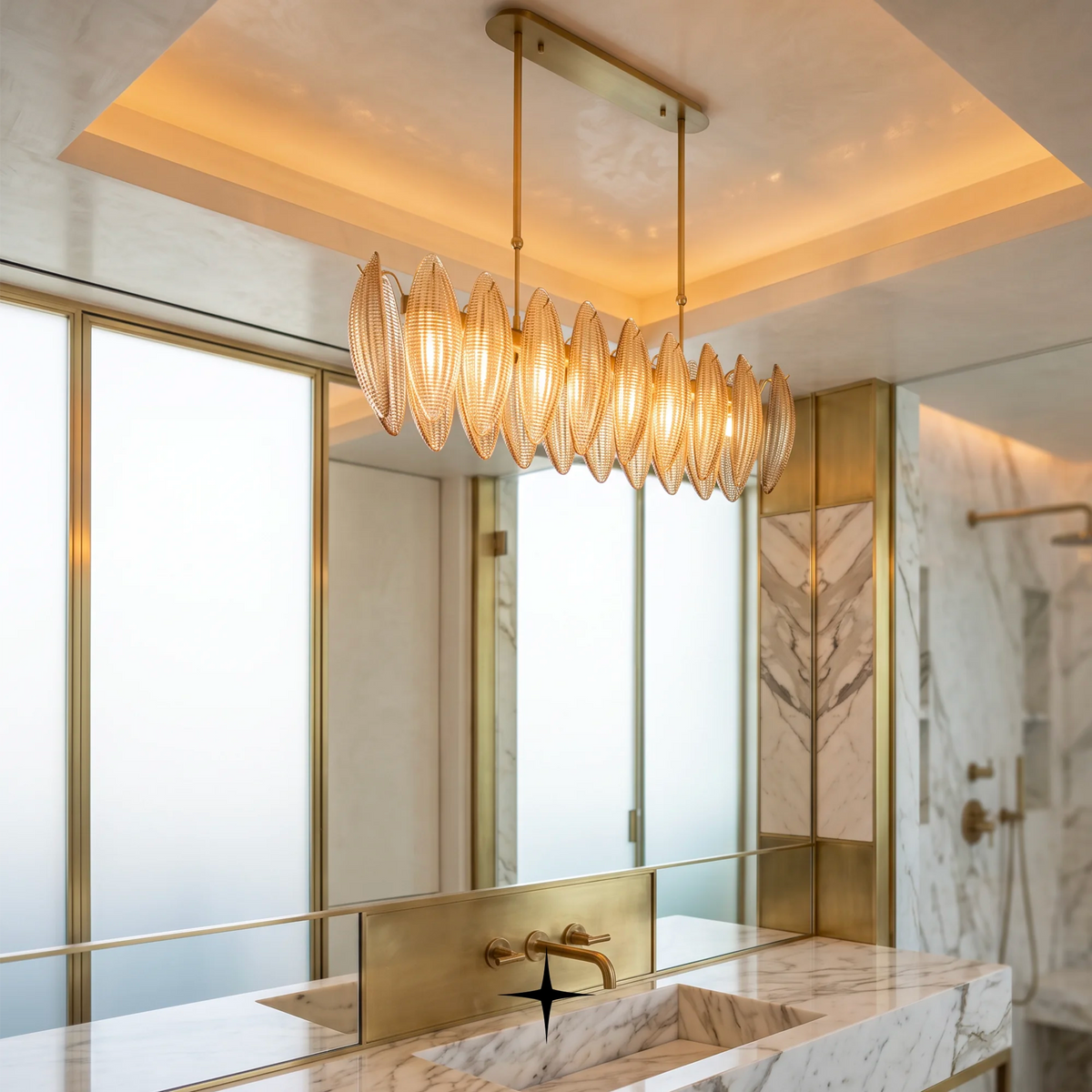 Linear Lotus amber crystal chandelier installed above a modern dining table setting