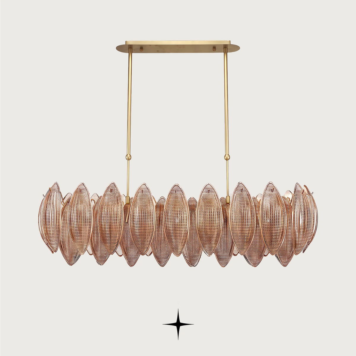 Front view of Linear Lotus island chandelier showcasing amber crystal petals and hanging rods