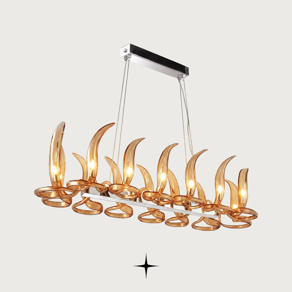 Linear Lumina chandelier featuring fiery crystal flames and vibrant orange hue in a sleek linear design
