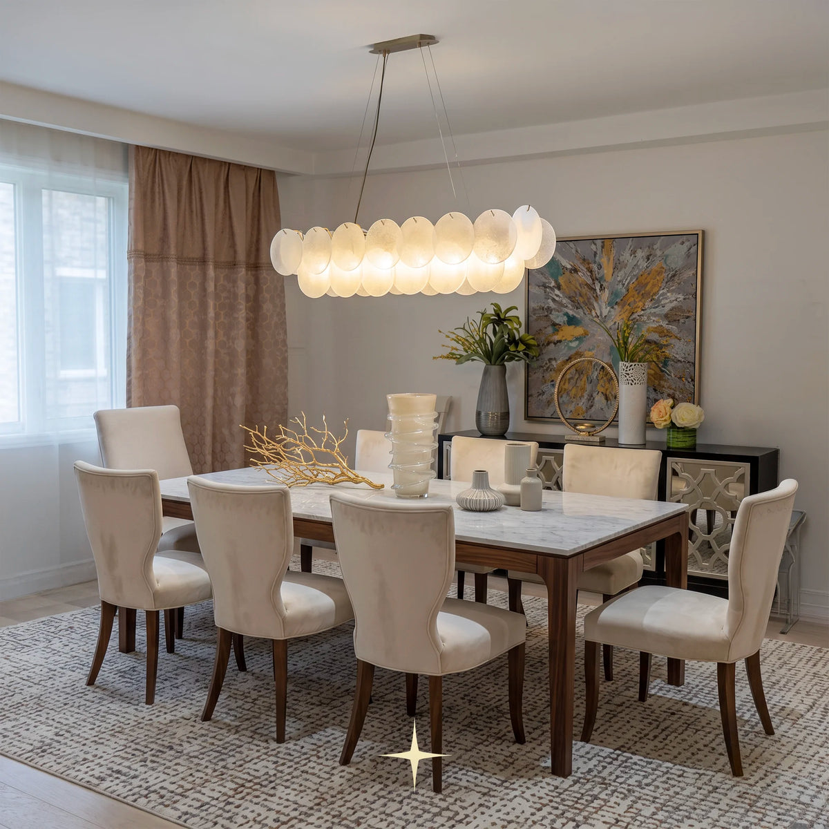 Linear Lunaria frosted glass chandelier suspended over a modern dining table in an elegant room