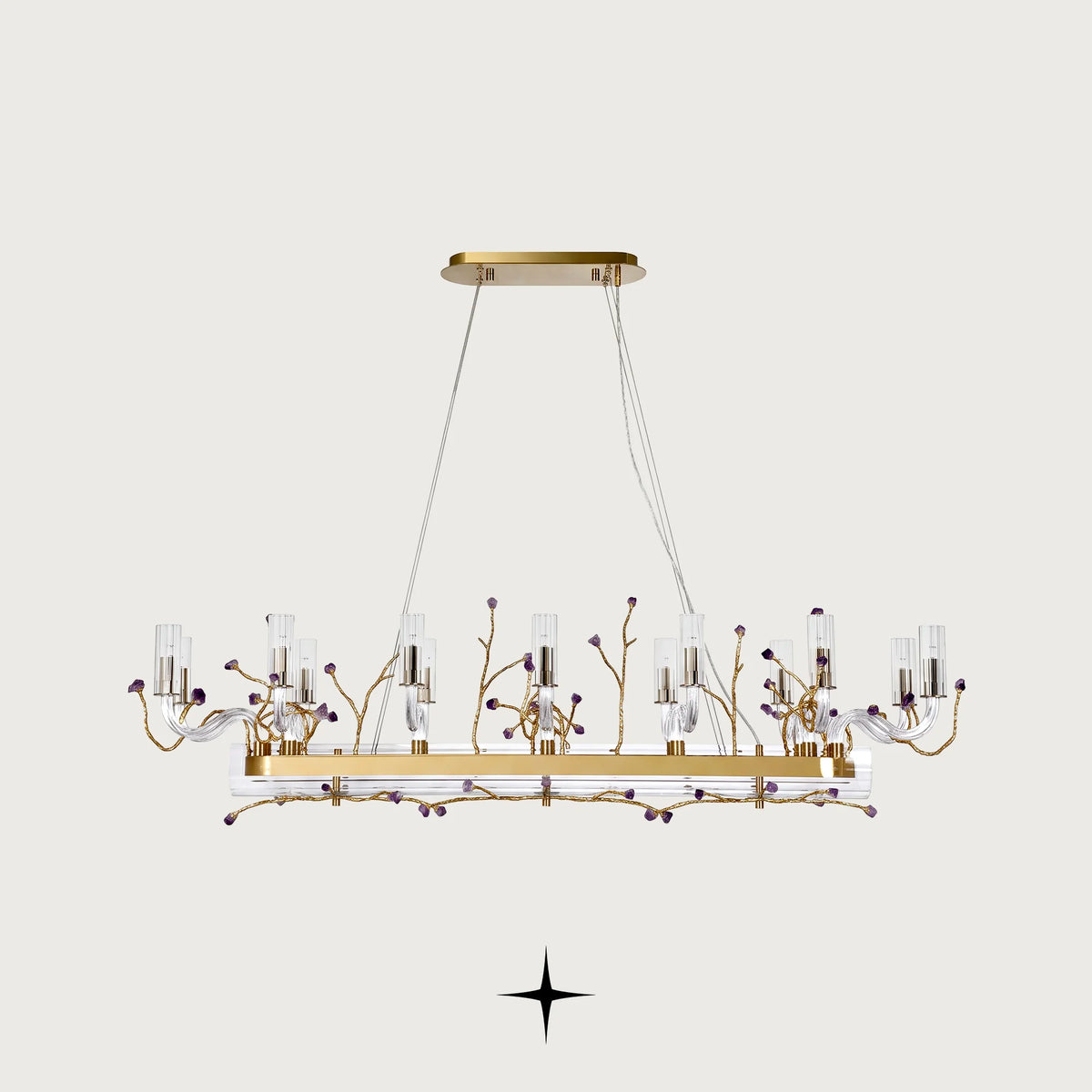 Linear Madison chandelier with brass branches and natural purple rock accents