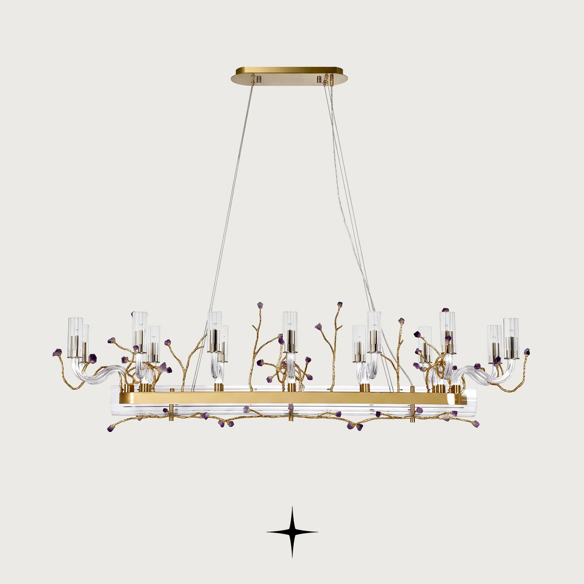 Linear Madison chandelier with brass branches and natural purple rock accents