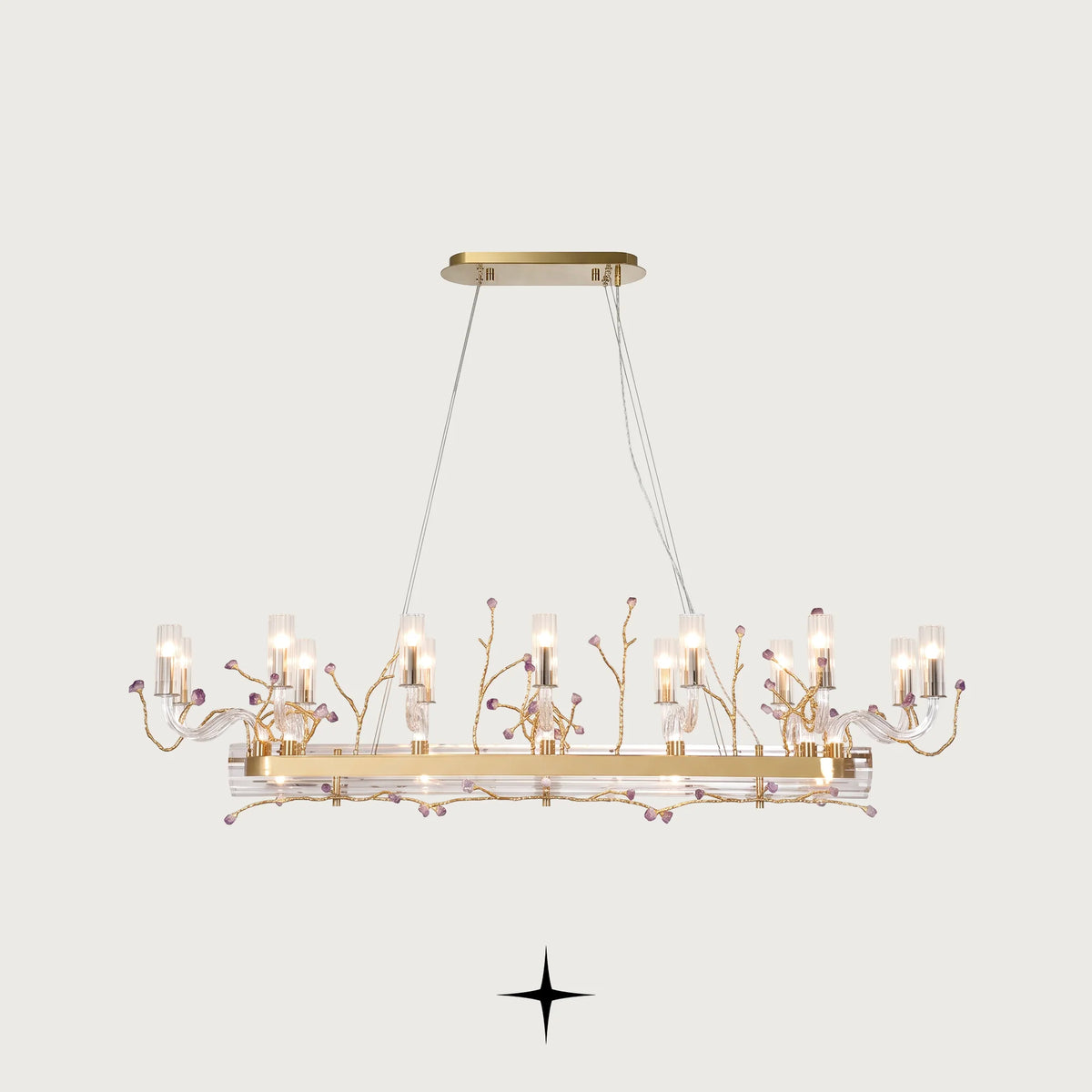 Linear Madison chandelier with brass branches and natural purple rock accents