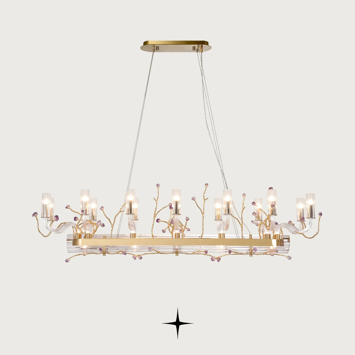 Linear Madison chandelier with brass branches and natural purple rock accents