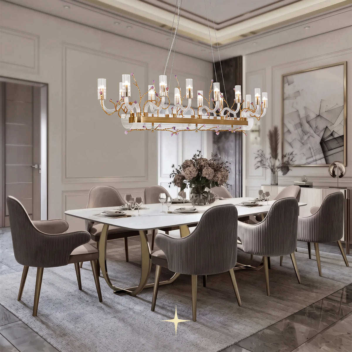 Linear Madison chandelier installed above a dining table in a bright modern dining space