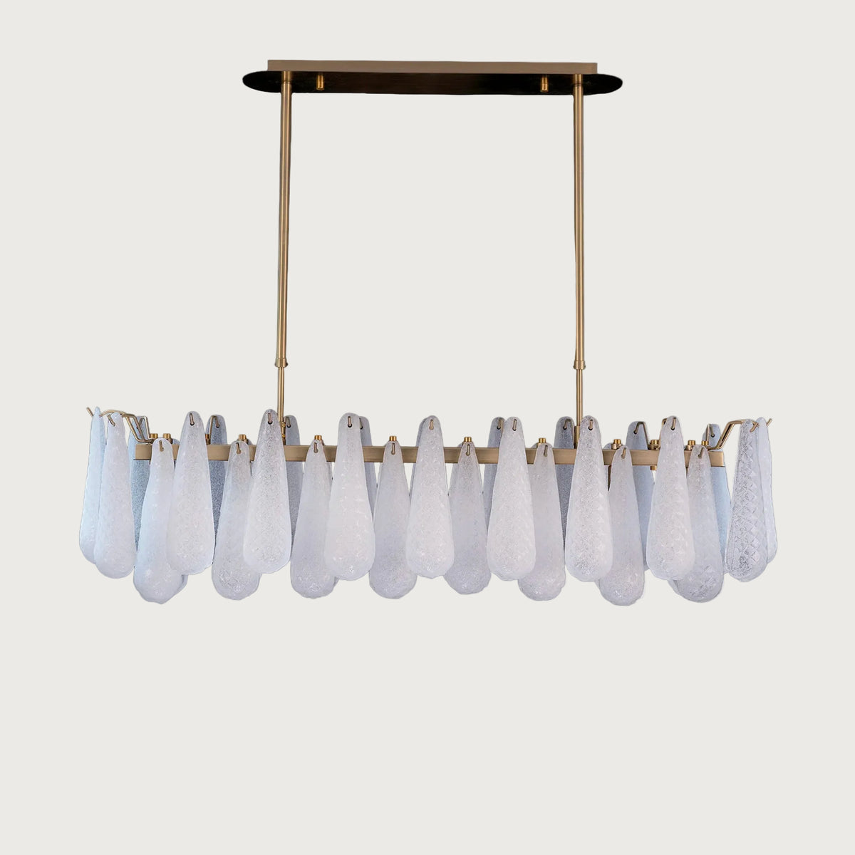 Front view of Linear Miranda horizontal glass droplet pendant fixture on light grey background