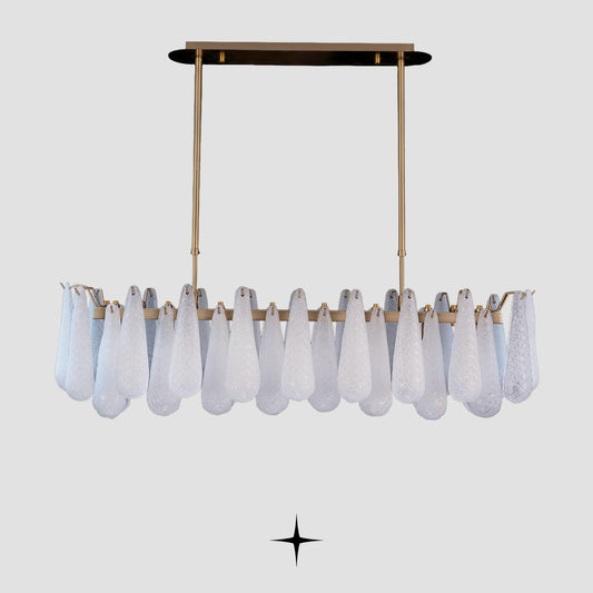 Front view of Linear Miranda horizontal glass droplet pendant fixture on light grey background