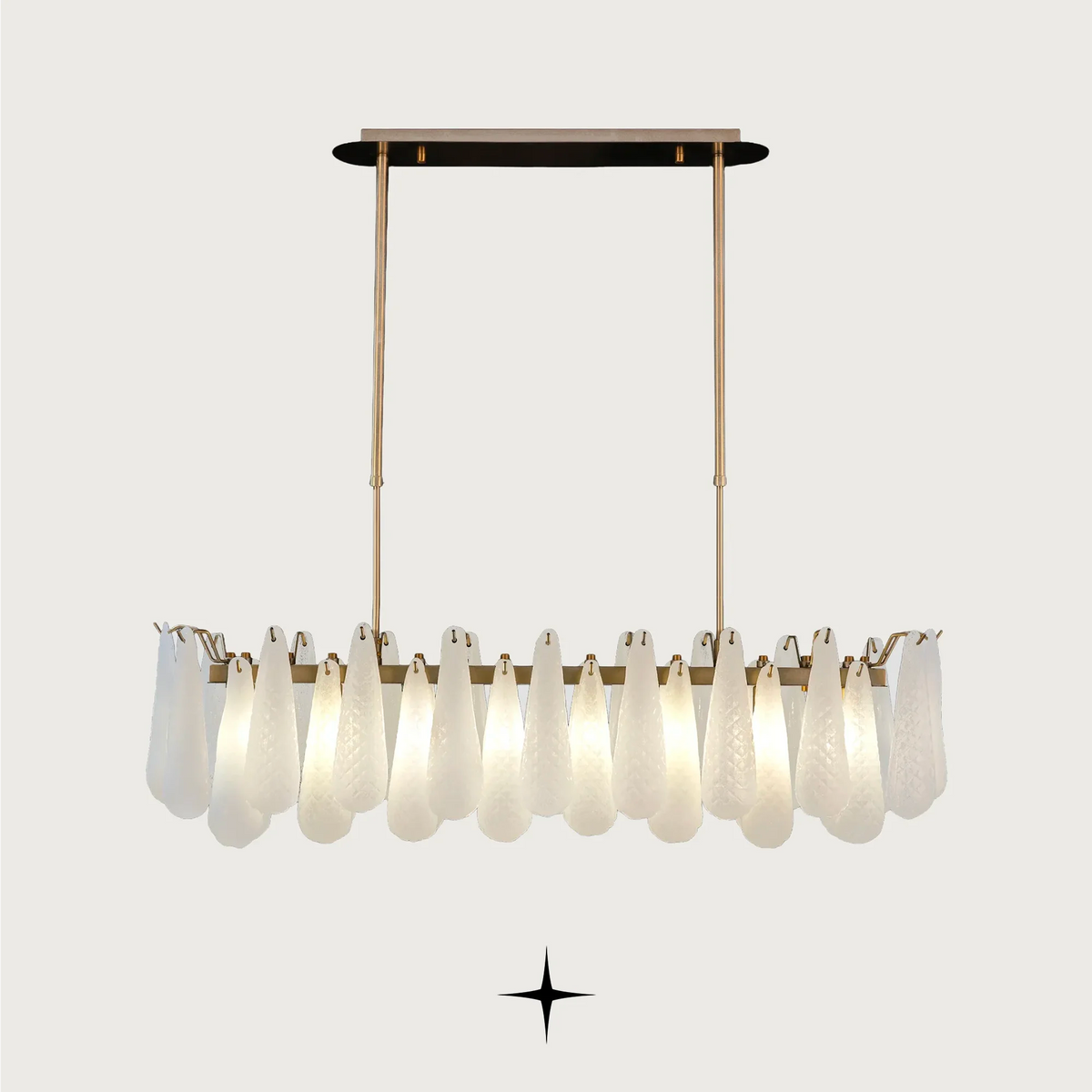 Linear Miranda horizontal glass droplet pendant fixture on light grey background