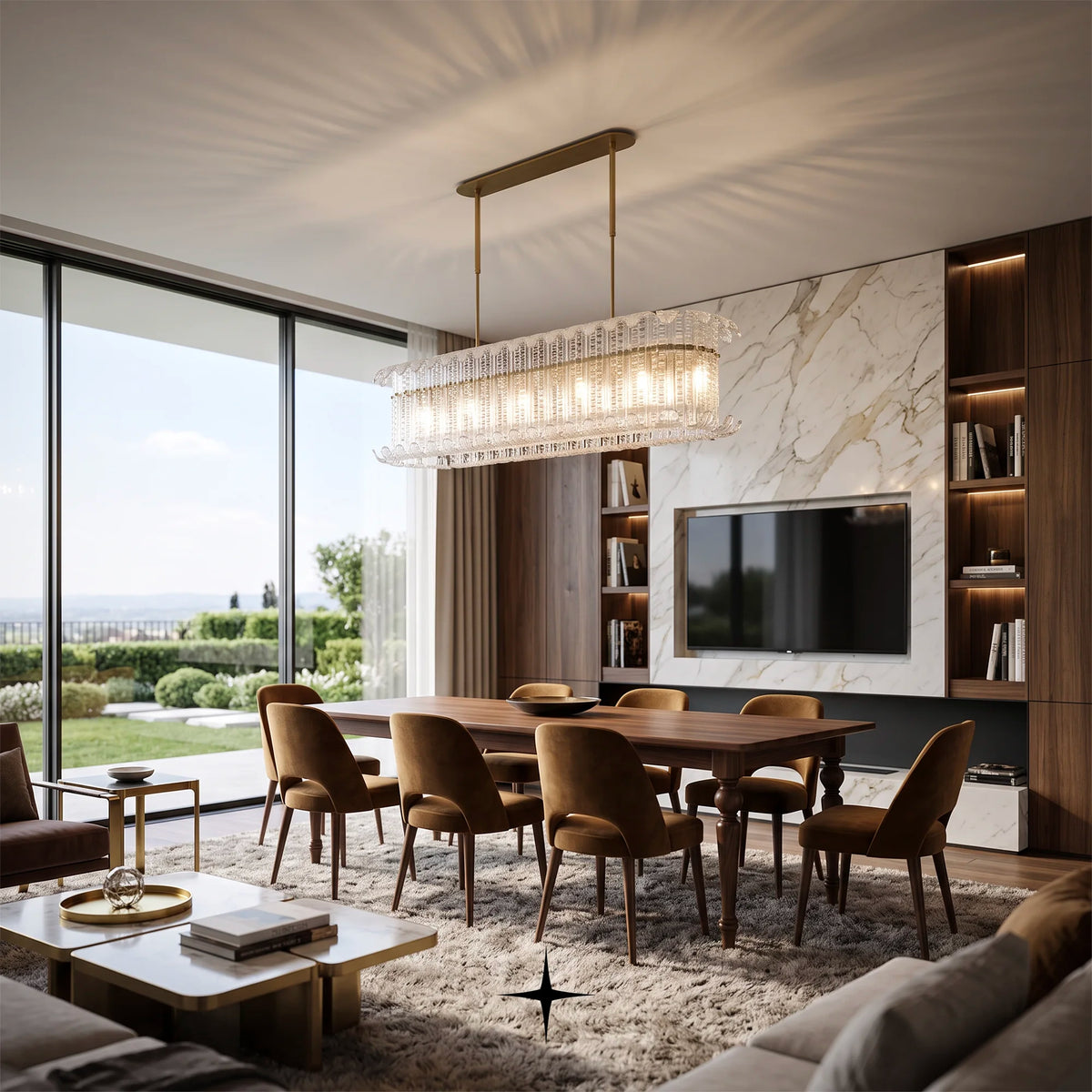 Linear Montreal luxury chandelier installed over modern dining table