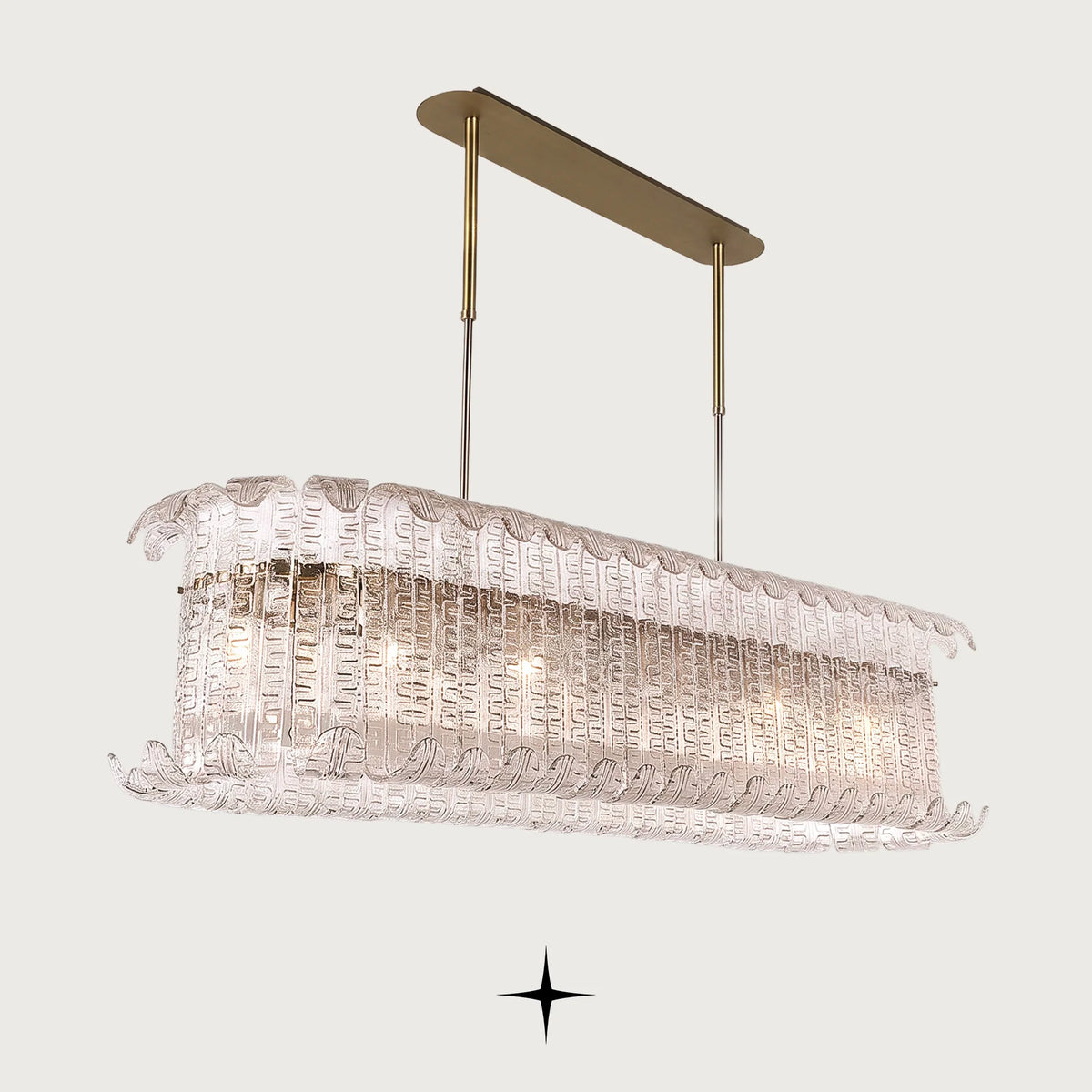 Three-quarter angle view of Linear Montreal rectangular glass chandelier