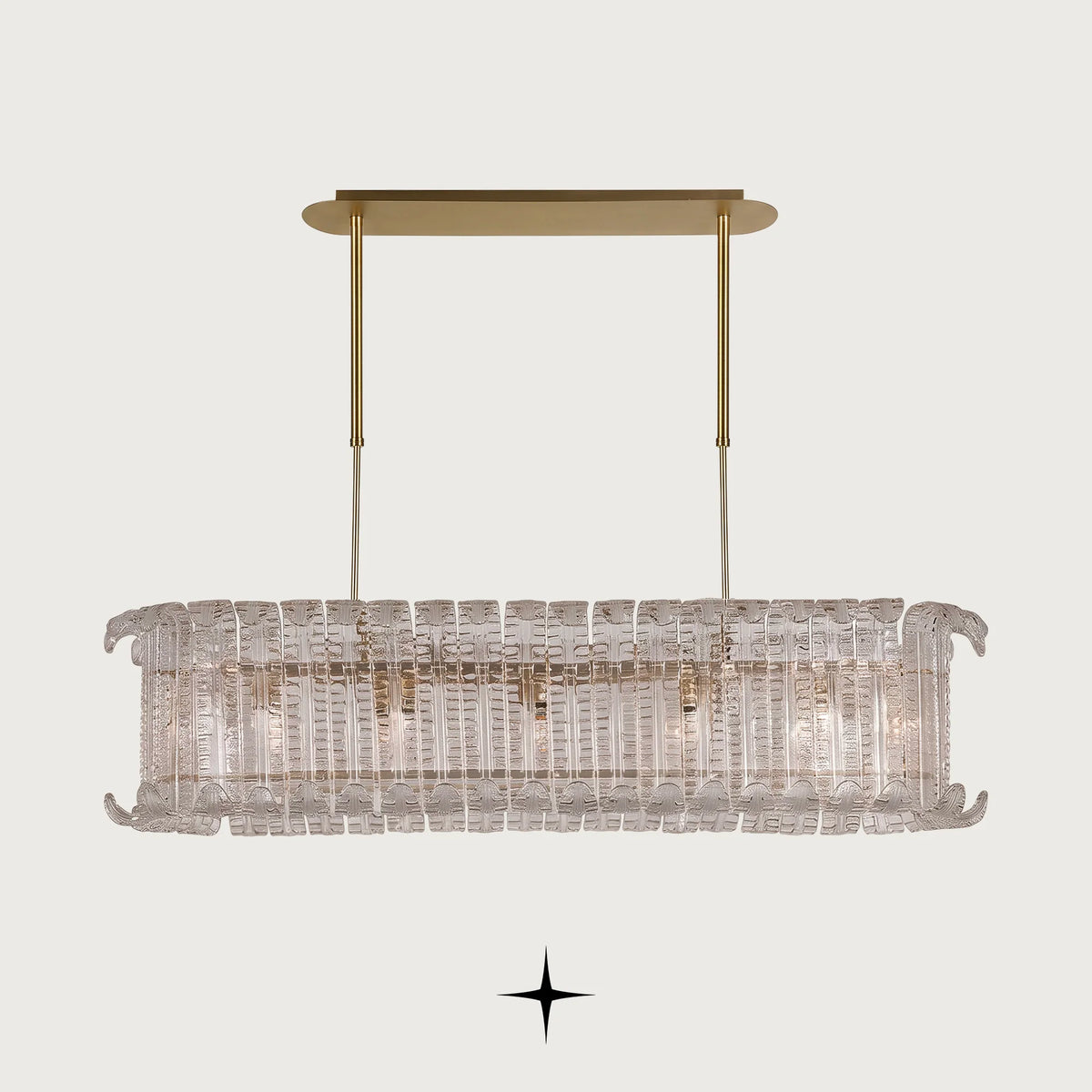 Linear Montreal modern Murano-style glass leaf chandelier with gold frame