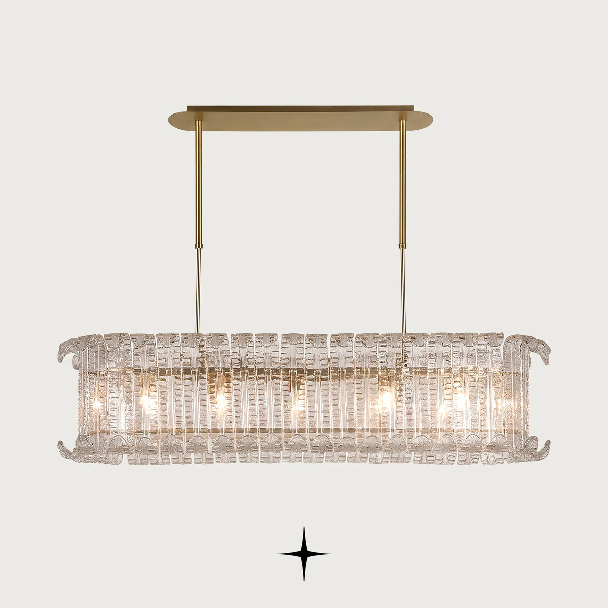 Linear Montreal modern Murano-style glass leaf chandelier with gold frame