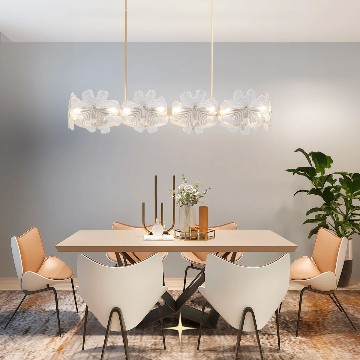 Modern dining room with a long nika linear light table, four chairs, and a decorative chandelier.
