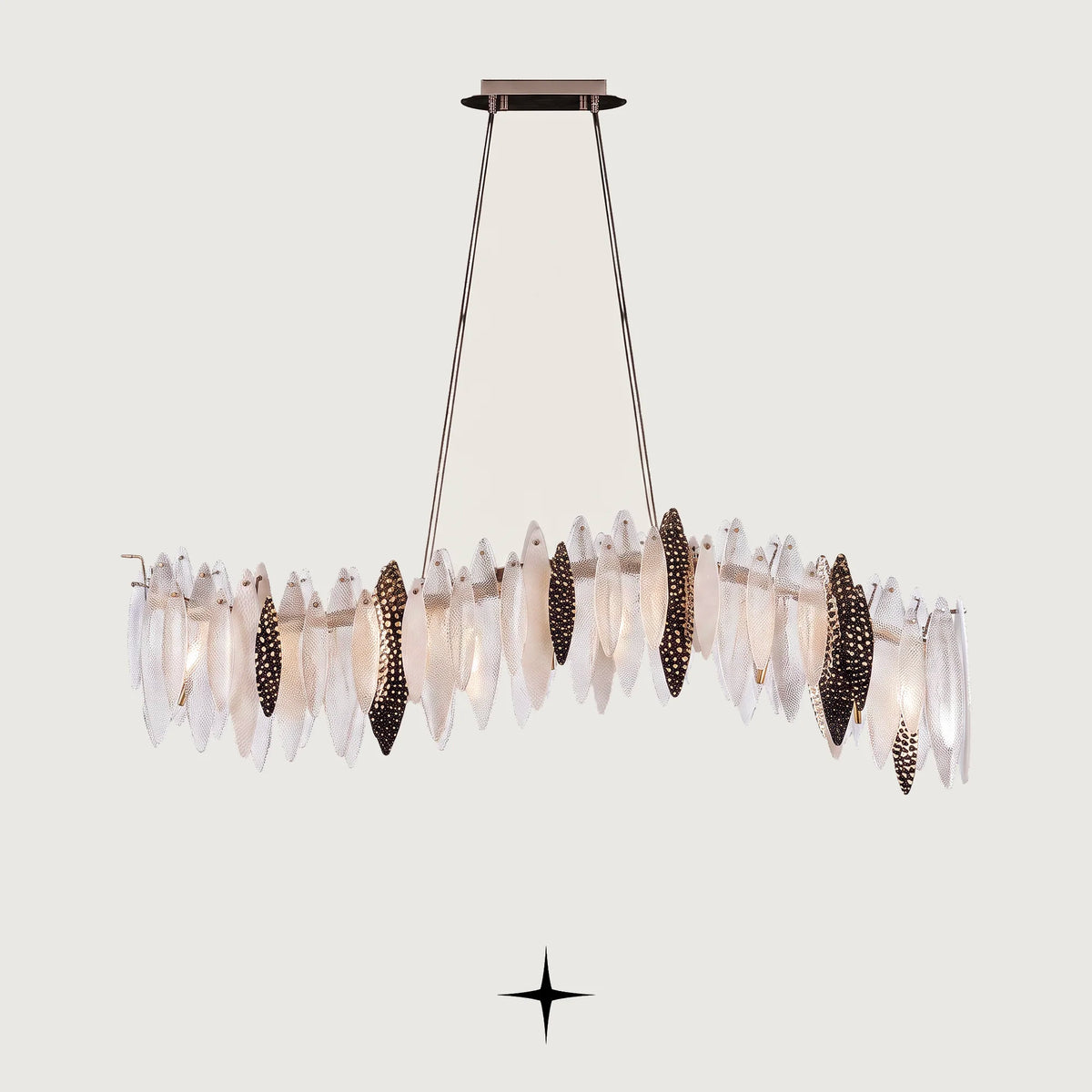 Linear Petra Murano drop-shaped glass island chandelier with brass accents on light grey background