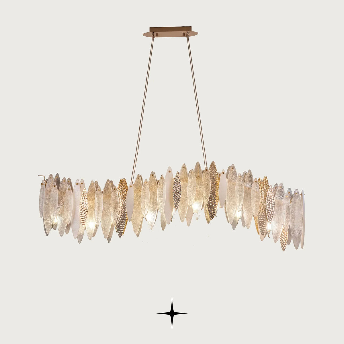 Linear Petra Murano drop-shaped glass island chandelier with brass accents on light grey background